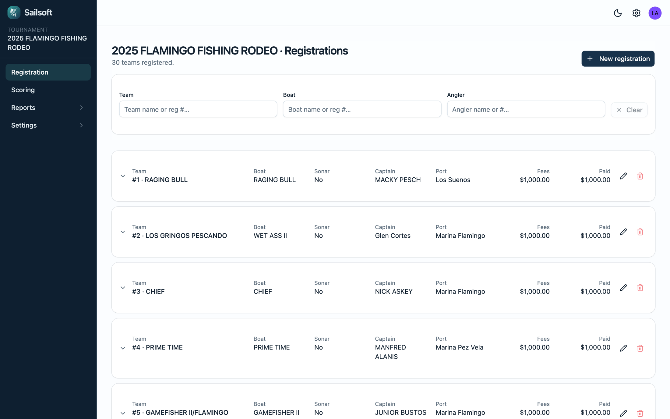 Sailsoft registration screen listing tournament teams, boats, captains, ports, and fees