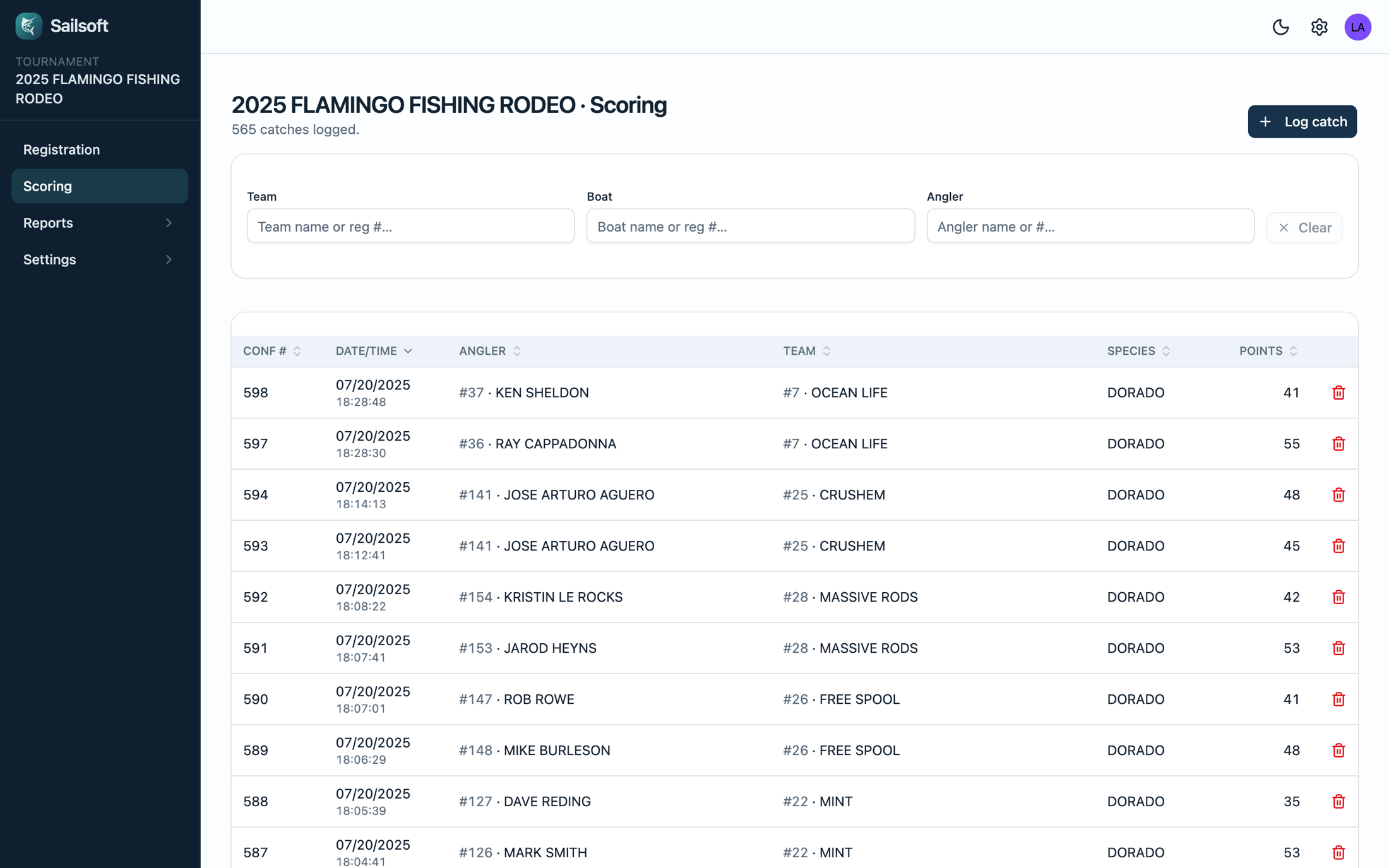 Sailsoft scoring screen with a chronological catch log of anglers, teams, species, and points